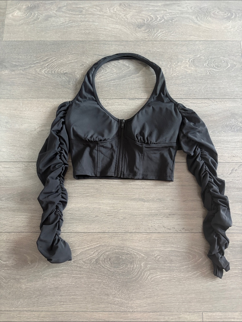 Halara Black Halter off shoulder Ruched Sleeve Crop Top with Front Zip